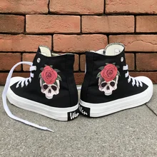 Wen Original Skull Red Rose Designs Canvas Women Shoes Sneakers High Top Black White Men Athletic Shoes for Outdoor Recreation wen flat high top athletic sneakers women men cartoon design anime naruto hand painted shoes itachi jiraiya graffiti painting