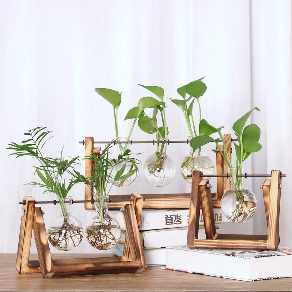 

Desktop Decoration Glass Planter Bulb Vase Retro Solid Wooden Stand Metal Swivel Holder for Hydroponics Plants Home Garden Decor