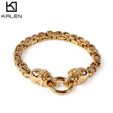Kalen скелет нержавеющая сталь 21,5 см браслеты для мужчин Панк 3 цвета двойной череп звено цепи браслеты мужские металлические ювелирные изделия