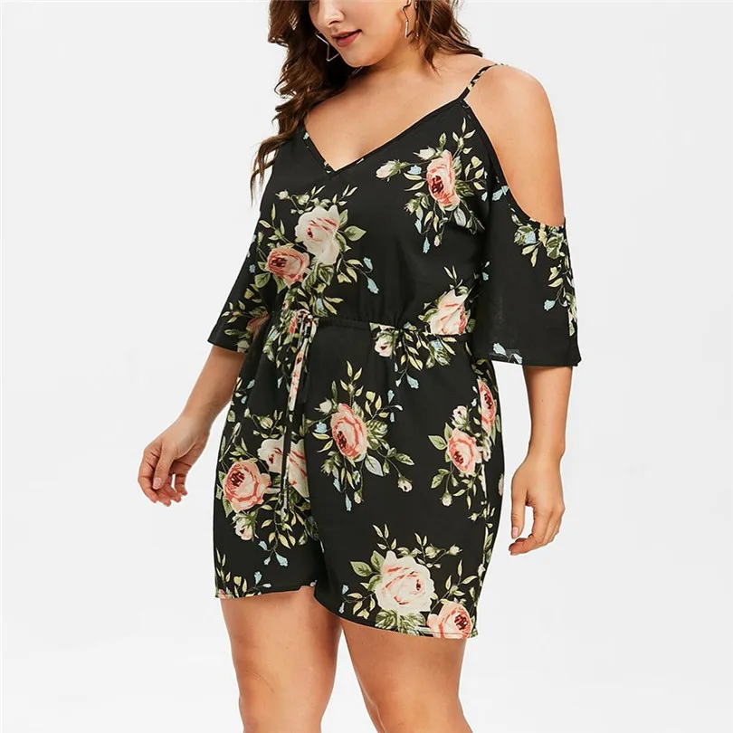  Womens Plus Size Bohemian Floral Casual Playsuits New 2019 Fashion Sexy Cold Shoulder Jumpsuit Bodysuit V-Neck Romper #E11 (5)