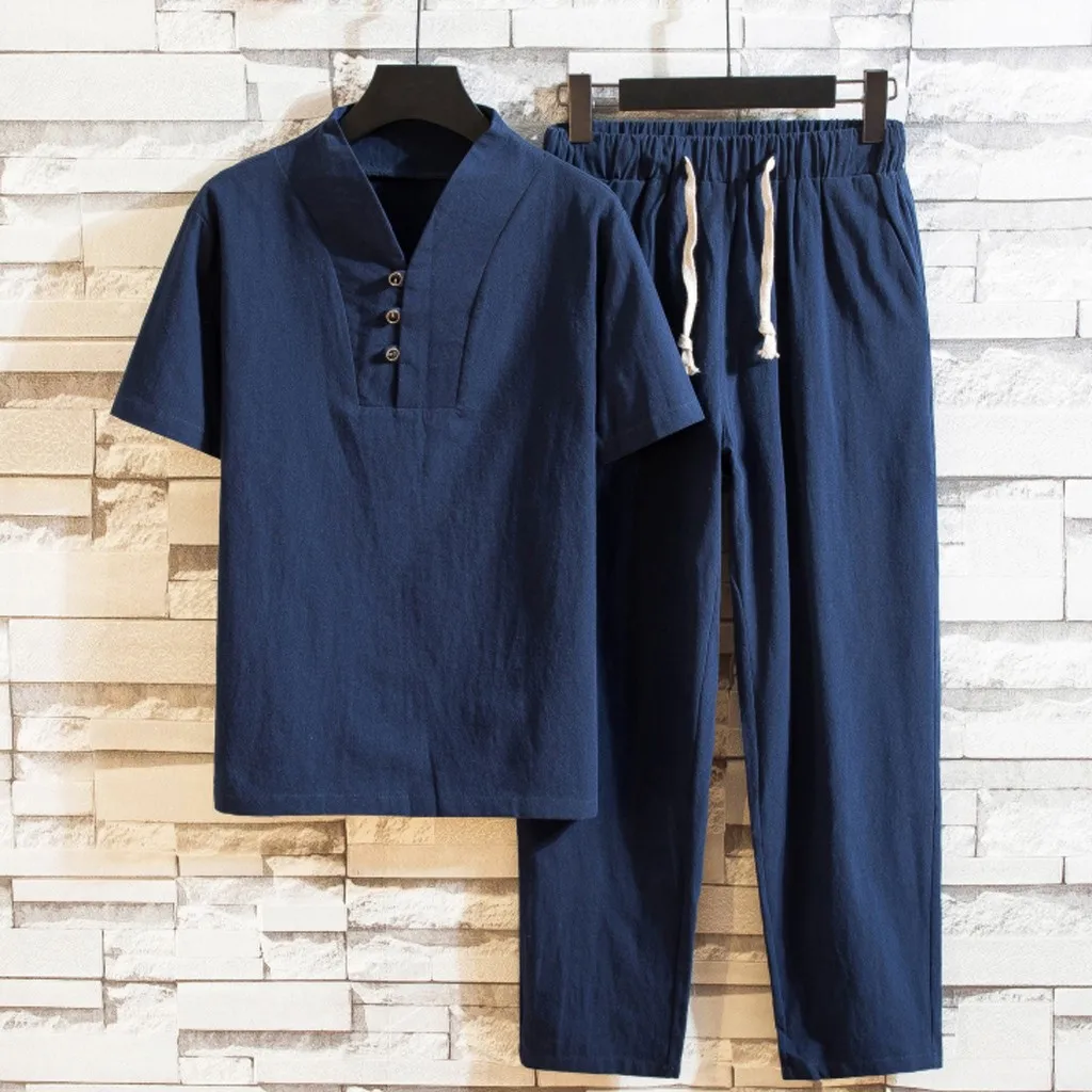 New Fashion Retro Pant and Tee Shirt Set Mens Baggy Cotton Linen Pocket T Shirt Pants Summer2019 Tracksuit Men Casual Tee Shirts