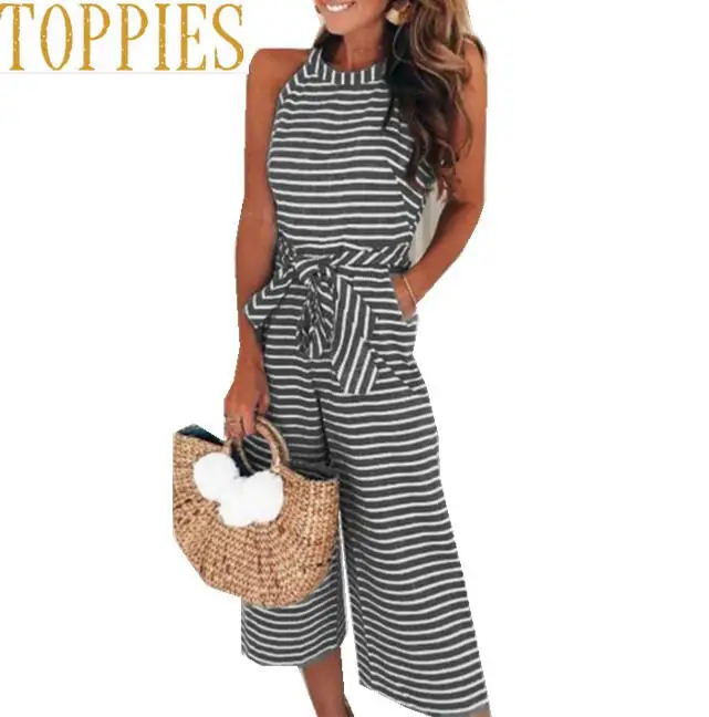

Toppies Women 2019 Summer Striped Sleeveless Jumpsuit Halter Neck Women Wide Leg Romper with Belt Summer Playsuits 5 Colors