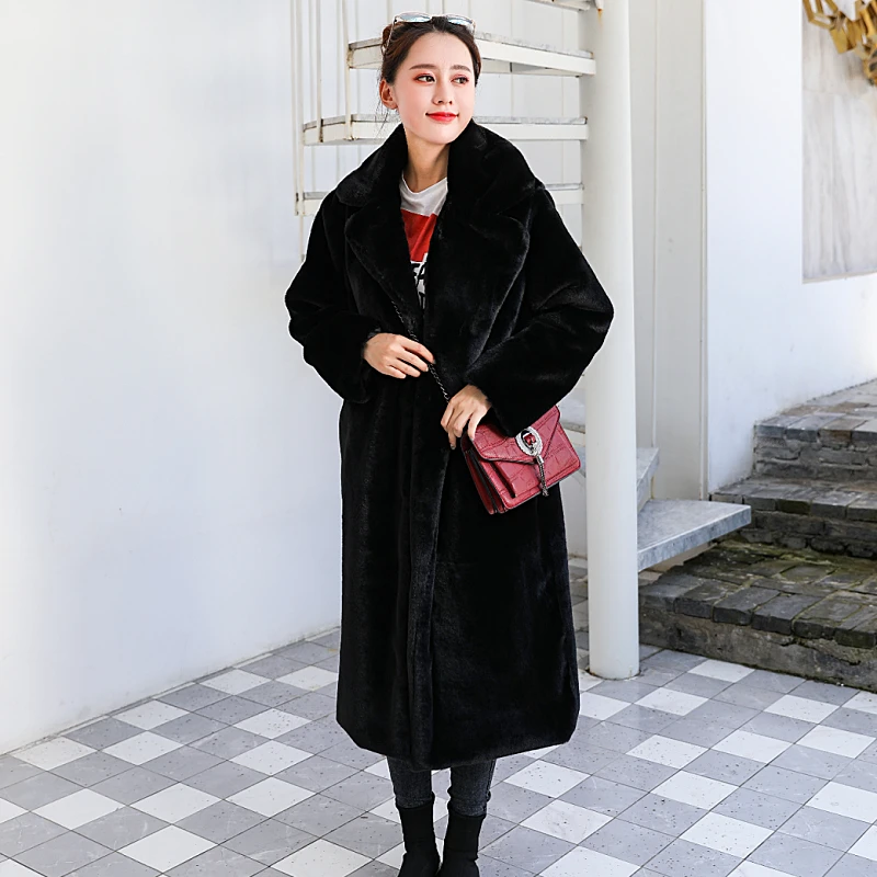 Пальто из искусственного кроличьего меха, зимнее розовое длинное меховое пальто, женское Свободное пальто, роскошное утолщенное теплое женское плюшевое пальто большого размера z0414