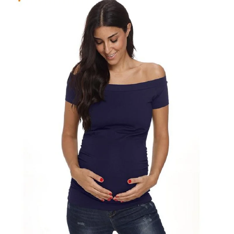 Navy Blue Женская одежда для беременных, хлопок, принт, круглый вырез, Популярные топы, летняя Удобная Короткая Футболка для беременных - Цвет: Navy Blue