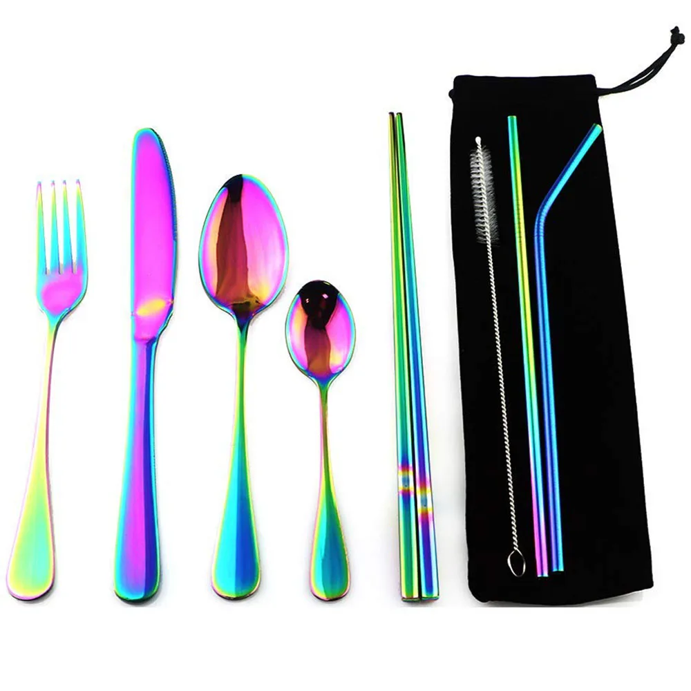 

Colorful Stainless Steel Rainbow Cutlery Set Plated Dinnerware Creative Dinner Set Reusable Fork Knife Scoops Tableware Sets