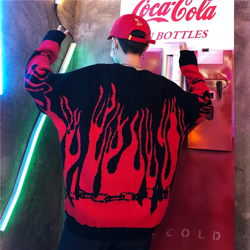 Preise 2019 große größe lose Herbst Winter Harajuku Flamme Stricken Fledermaus Ärmel Pullover Pullover Männer Frauen Flut Oberbekleidung aa897