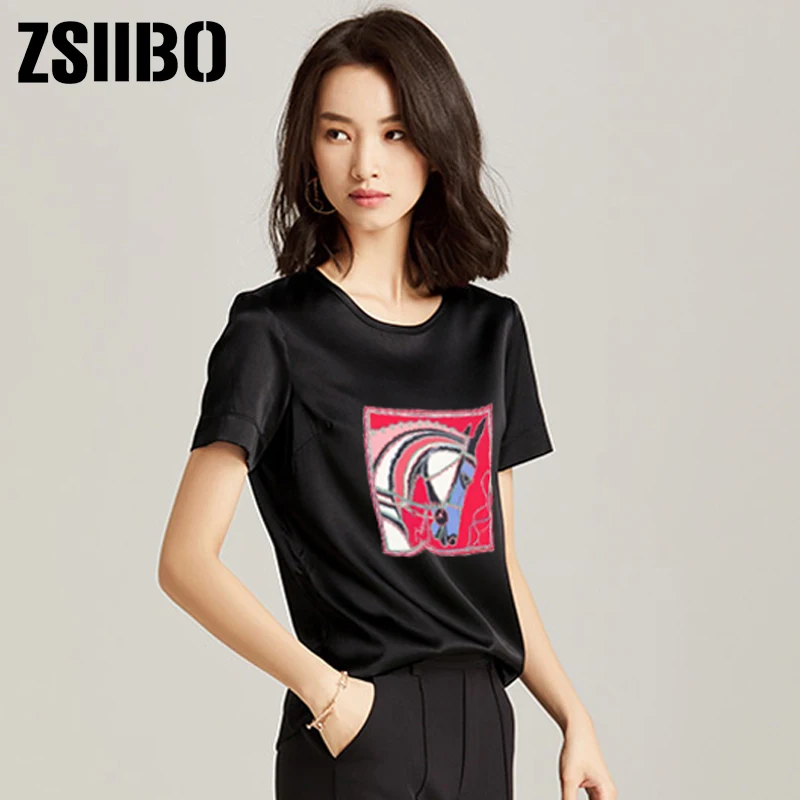 

Vintage Women Blouse horse Painted Silk Shirts 2019 Sumemr Korean style Casual Ladies top Plus Size Women Clothing 3XL