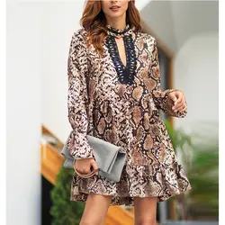 2019 бренд леопардовым принтом для женщин пикантные обёрточная бумага мини платья Раффлед Flare осень повседневное вечерние партии короткое