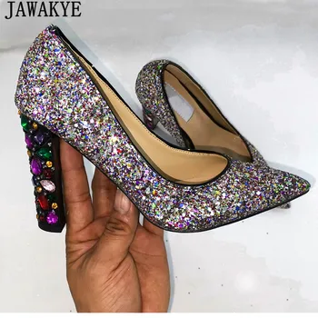 

Spring sequined pumps women pointed toe Colorful diamond crystal high heel 2019 bling bling bridal wedding shoes runway design