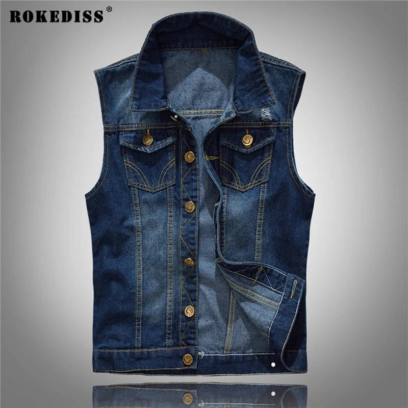 ROKEDISS spring autumn Fashion 2017 Men Denim Vest Cowboy Rock Jeans Waistcoat Slim Cotton