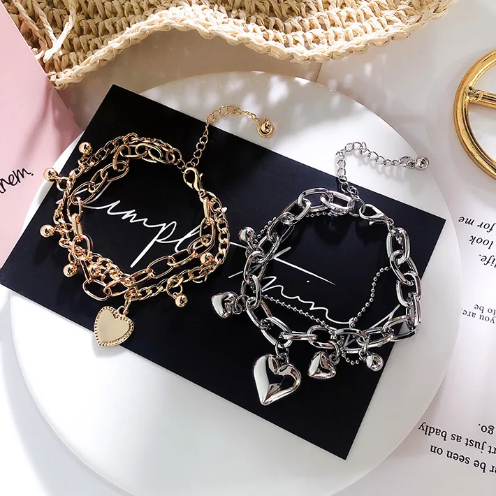 Стиль барокко винтажный многослойный металлический браслет с кулоном сердце для женщин мода руки ювелирные изделия подвеска золотого цвета браслет