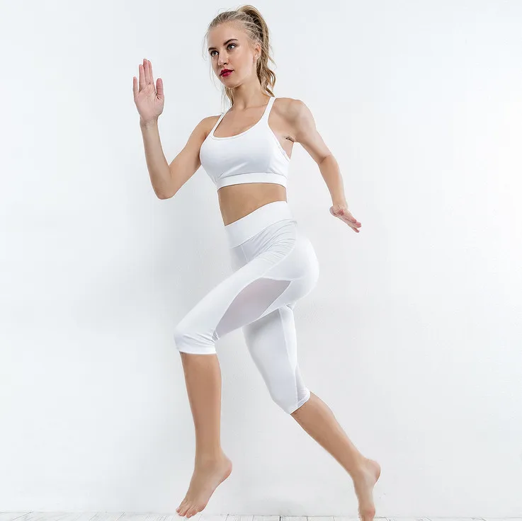 

Sport Suit Women Yoga Set white Mesh Patchwork Fitness Push Up Workout Clothes Female's Tracksuits Sports