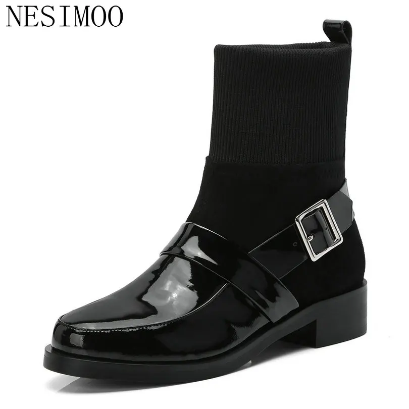 

NESIMOO 2019 Women Shoes Ankle Boots Square Low Heel Pointed Toe Genuine Leather+PU White Ladies Motorcycle Shoes Size 34-39