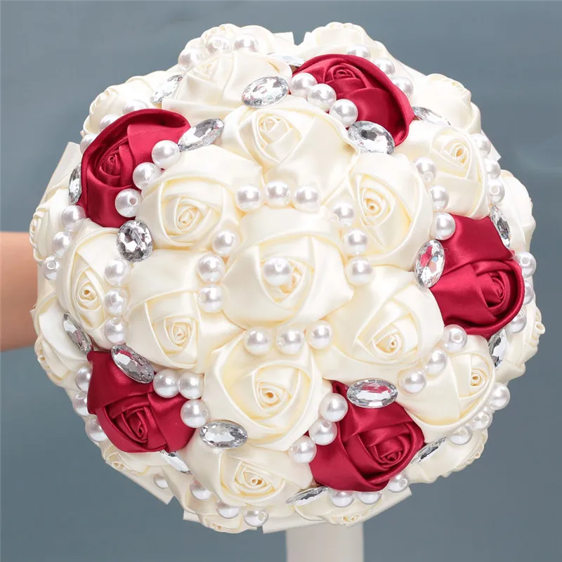 

6 Styles 18cm Pearls Crystal Wedding Bridesmaid Bouquets Mariage Bridal Rose Holding Artificial Flowers Wedding Bouquet Ivory