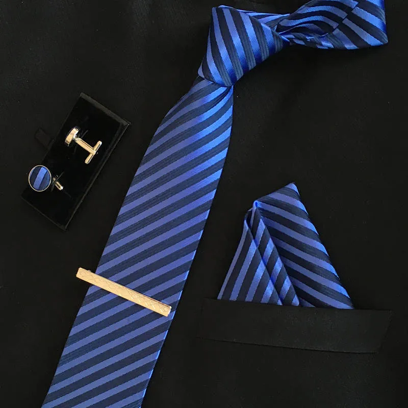 Высокое качество Мужские шелковые галстуки 8 см галстук и запонки и зажим для галстука+ носовые платки с 4 комплектами gravatas жаккард полосатый Свадебный Лот - Цвет: 1