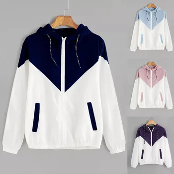 

Women Long Sleeve Jacket Patchwork Thin Skinsuits Hooded Zipper Pockets Sport Coat windbreaker Casual Female jaqueta feminina
