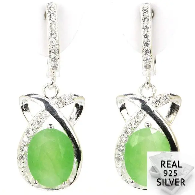 

5.5g Real 925 Solid Sterling Silver Elegant Real Green Emerald Rubies Cubic Zirconia Earrings 30x12mm