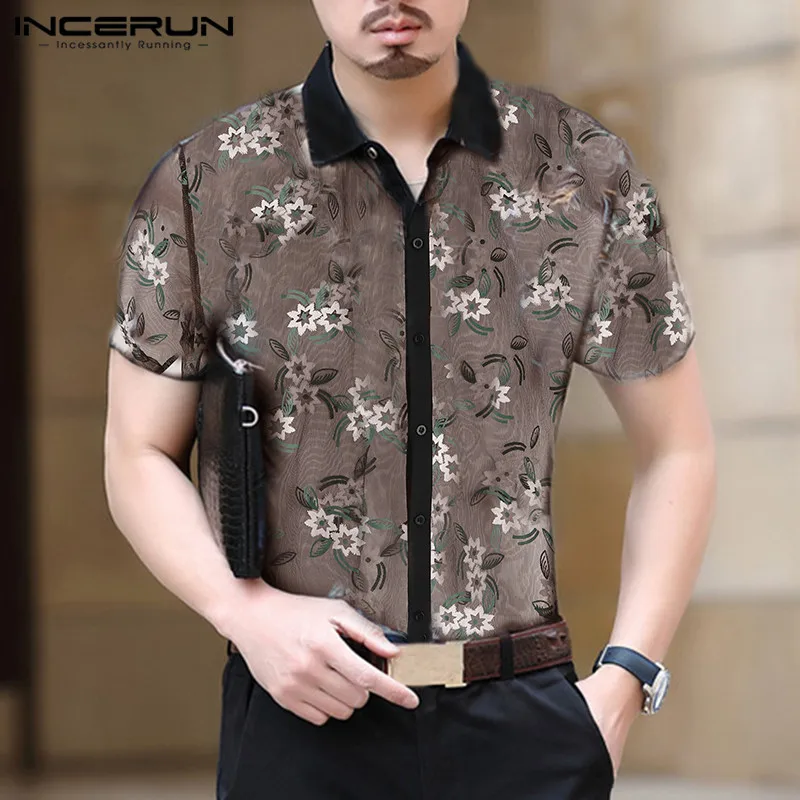 INCERUN Mesh Men Shirt Printing Transparent Sexy Short Sleeve Slim Fit Party Tops See Through Fashion Club Lace Shirts Men