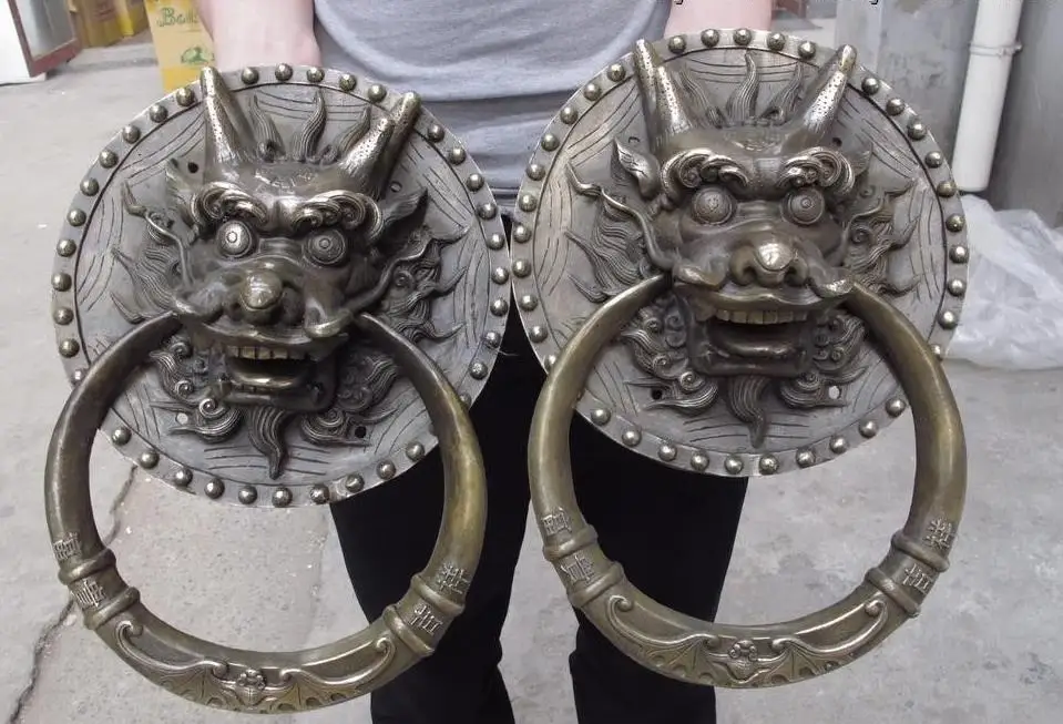 

671115342++++Tibet Copper Bronze Dragon Head Palace Guardian Door handle Knocker statue Pair