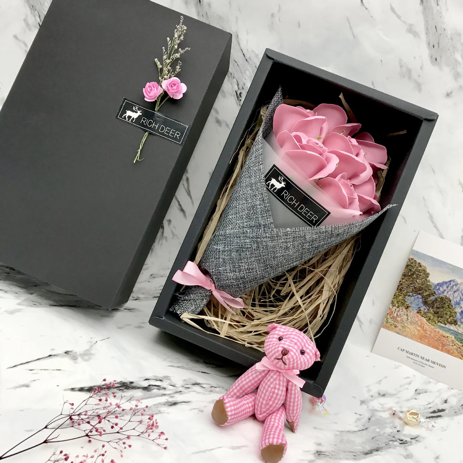 Набор мыльных цветов ручной работы, упаковка для подарка с медведем, коробка для матери/учительницы, подарок на день рождения, День Святого Валентина, роза/гвоздика, мыло с цветочным ароматом - Цвет: rose pink