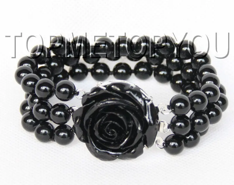 

Wholesale price 16new ^^^^^^^beautiful 3rows 8mm round black Onyx bracelet carven clasp E1946