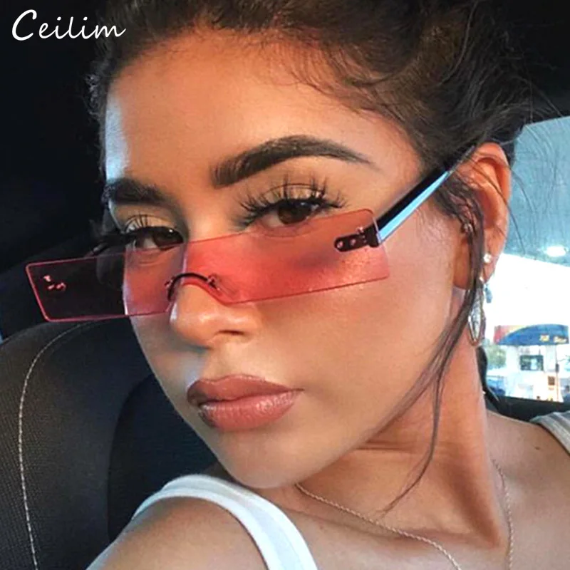 

2019 New Rimless Rectangle Sunglasses Women Brand Designer Fashion Red Pink Clear Small Lens Personalized Sun Glasses Shades