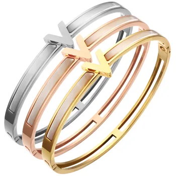 

2017 New Season Letter V Shell Bangle Bracelets for Women 4.5mm Wide Open Bracelets V design for women Men Bangle Gifts