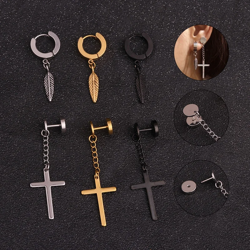 

Sellsets Stainless Steel Ear Piercing Jewelry Cool Punk Rock Chain Cross Feather Drop Dangle Earrings For Men And Women