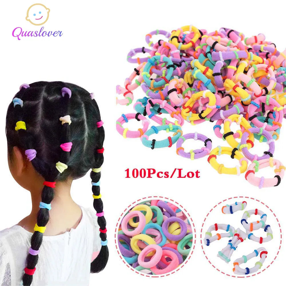 

Quaslover 100Pcs Colorful Girls Hair Accessories Elastic Hair Band Ponytail Hair Ring Kids HeadBand Children Gum Ties Holder