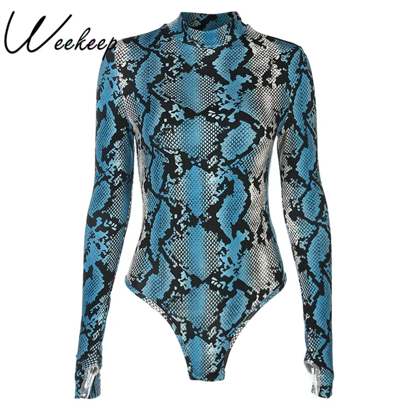 

Weekeep Serpentine Print Skinny Bodysuits Women Spring Autumn Body Feminino Long Sleeve Ropmers Turtleneck Womens Jumpsuits