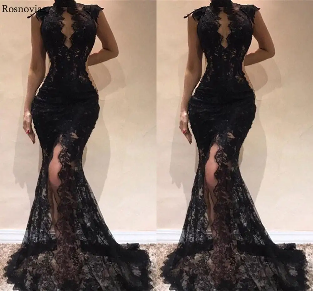 

2020 Black Mermaid Evening Dresses Long High Neck Zipper Back Side Split Sweep Train Lace Prom Party Gowns Vestidos De Fiesta