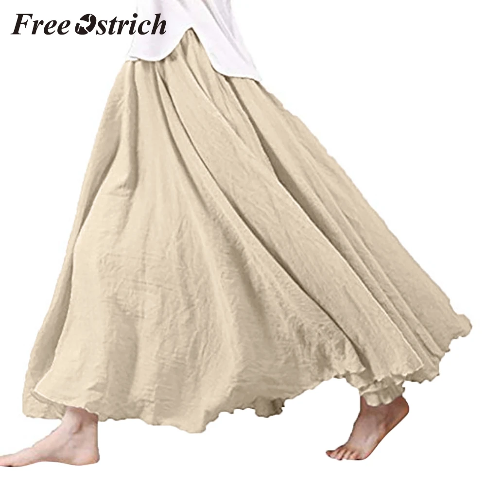 

Free Ostrich 2019 Women's Bohemian Style Elastic Waist Band Cotton Linen Long Maxi Solid Button Chic Simple dress