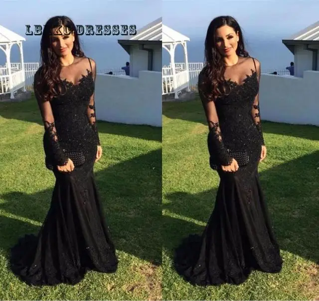

2019 Mermaid Long Sleeves Evening Dresses Appliques Lace Beaded Islamic Dubai Saudi Arab Long Formal Black Muslim Evening Gown