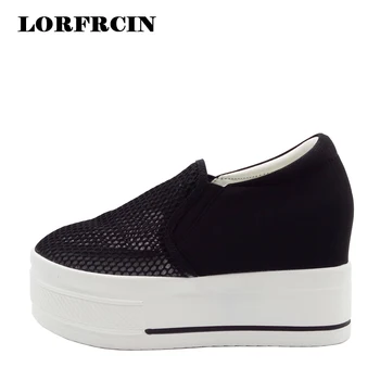 

LORFRCIN Women Platform Shoes 9cm Height Increasing Slip On Shoes Mesh Summer Wedges Woman Pumps Black White Hidden Heel Shoes