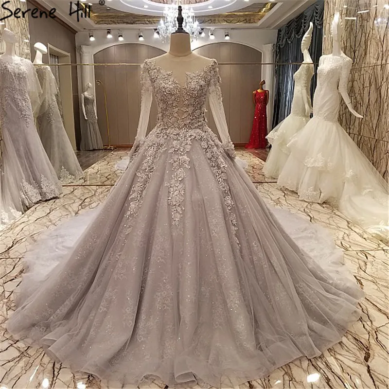 Vestido De Noiva с длинным рукавом свадебное платье серого цвета с жемчужиными вышивками, детское свадебное платье на заказ реальное изображение