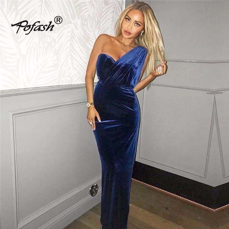 Pofash New Fashion Velvet One Shoulder Women Maxi Dress 2017 Autumn Winter Sexy Split Strapless Evening Party Dresses Vestidos | Женская