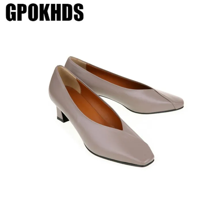 GPOKHDS/ г. женские туфли-лодочки из мягкой коровьей кожи, осень-весна, слипоны из свиной кожи, Римский стиль, коричневые туфли-лодочки с квадратным носком на высоком каблуке