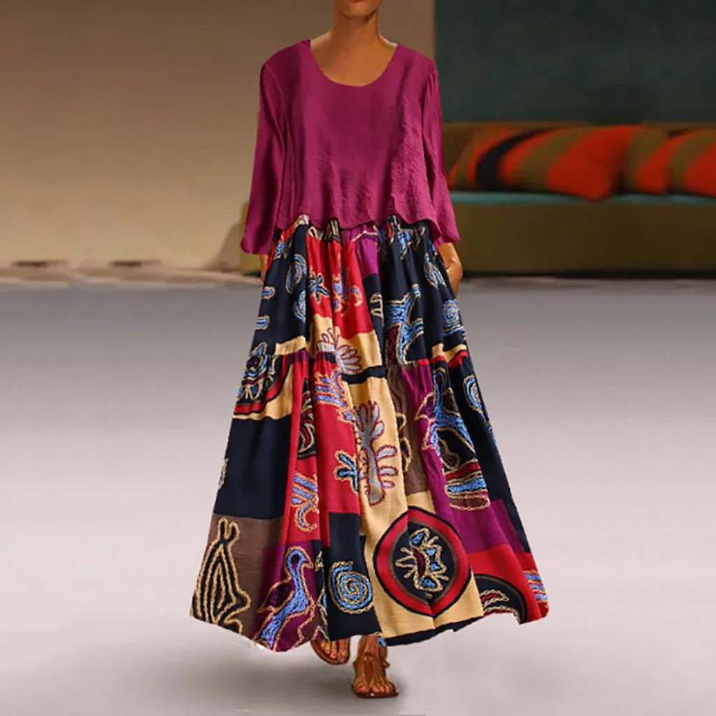 

Women Summer Autumn Plus Size Loose Dress O-Neck Long Sleeve Patchwork Two-piece O-Neck Wrist Print Vintage Maxi Boho Dress