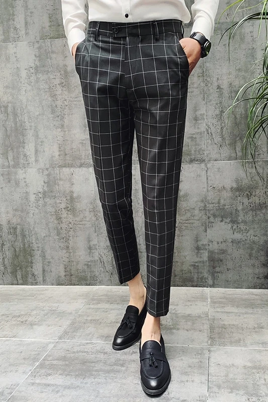 Мужские клетчатые брюки Pantalon красные офисные облегающие зеленого и черного