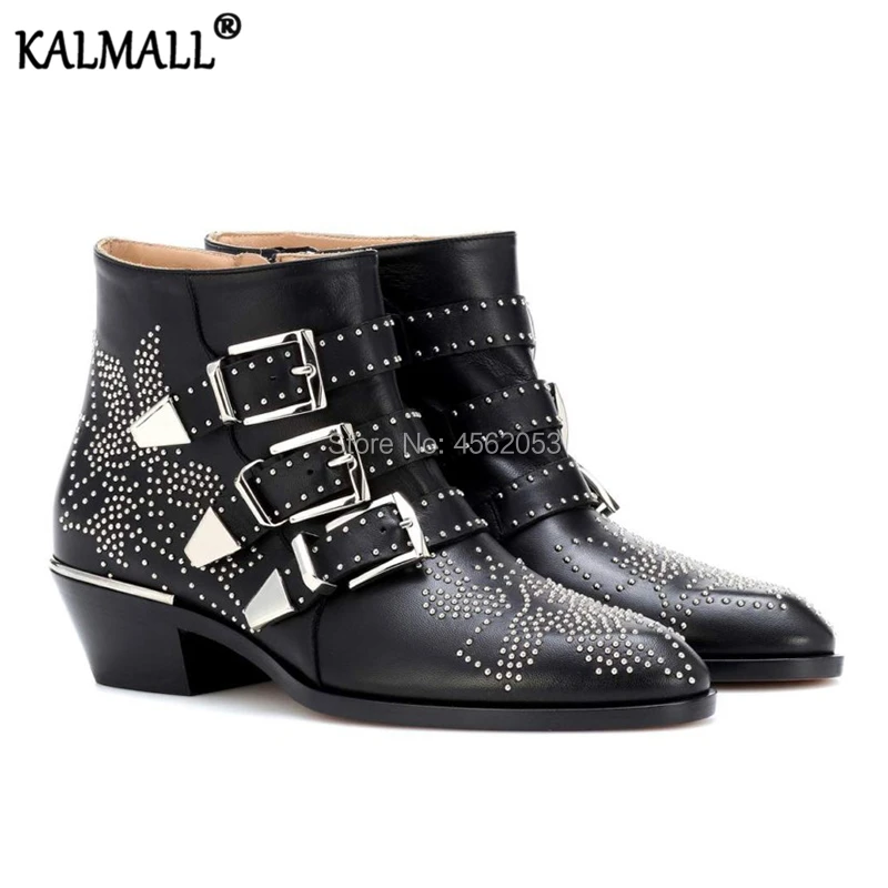 

KALMALL Fashion Susanna Shoes Woman Rivet Studded Spiked Motorcycle Botas Three Pin-buckle Straps Stacked Cuban Heel Ankle Boots