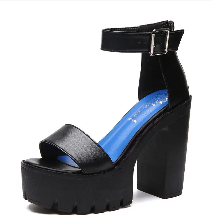 Женская летняя обувь, модные сандалии из мягкой искусственной кожи на платформе, женская обувь на высоком каблуке, сандалии на толстом каблуке, большой размер 25 см - Цвет: Черный