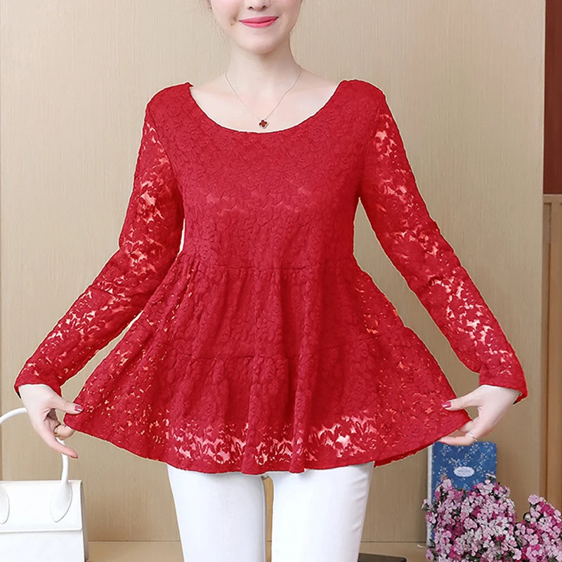

Women Tops Summer 2019 New Spring Lace Blouses Shirts Sexy O-Neck Women's Clothing Plus size M-4XL Long Sleeves Shirts 803C3