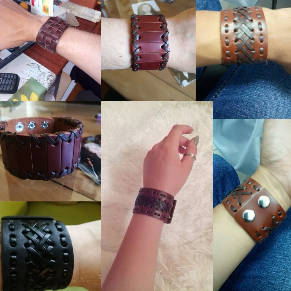 Genuine Brown Leather Engraved Flower Link Cuff Bangle Length 7