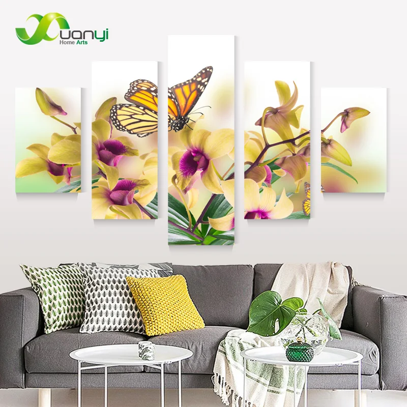 

5 Panel Large Modern Flower Butterfly Canvas Oil Painting Cuadros Wall Art Picture For Living Room Printed Unframed PF922