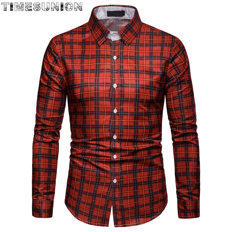 Red Plaid Men Shirt High Quality Social Men's Plaid Dress Shirts Long Sleeve Formal Soft Business Casual Oxford Shirt
