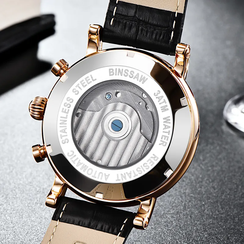 Men New Tourbillon Automatic Mechanical Watch Fashion Luxury Brand Steel Sports Leather Business Watches Phase Moon Self-Wind