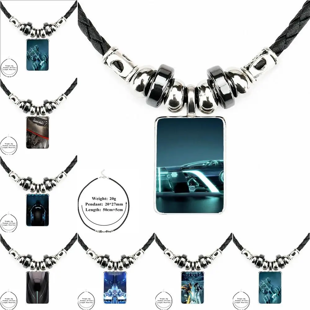 

EJ Glaze Tron Legacy Car For Women Necklace Black Leather Bead Pendant Glass Cabochon Choker Long Statement Pendant Necklace