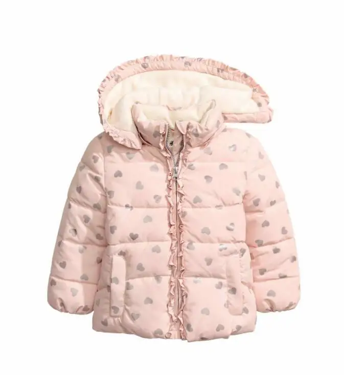 New Girls baby Love printed lace hooded cotton padded clothes princess Add wool Cotton quilted jacket