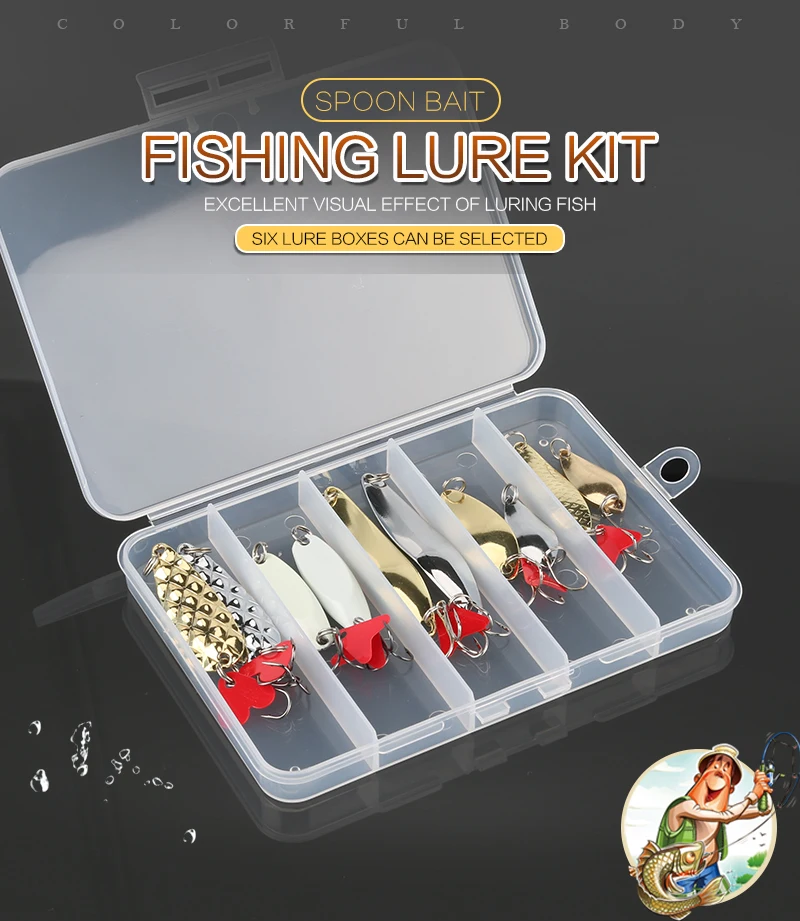 Metal Spoon Fishing Lure Kit Set Gold Silver Baits Sequins Spinner Lures with Box Treble Hooks Fishing Tackle Gear Hard Bait