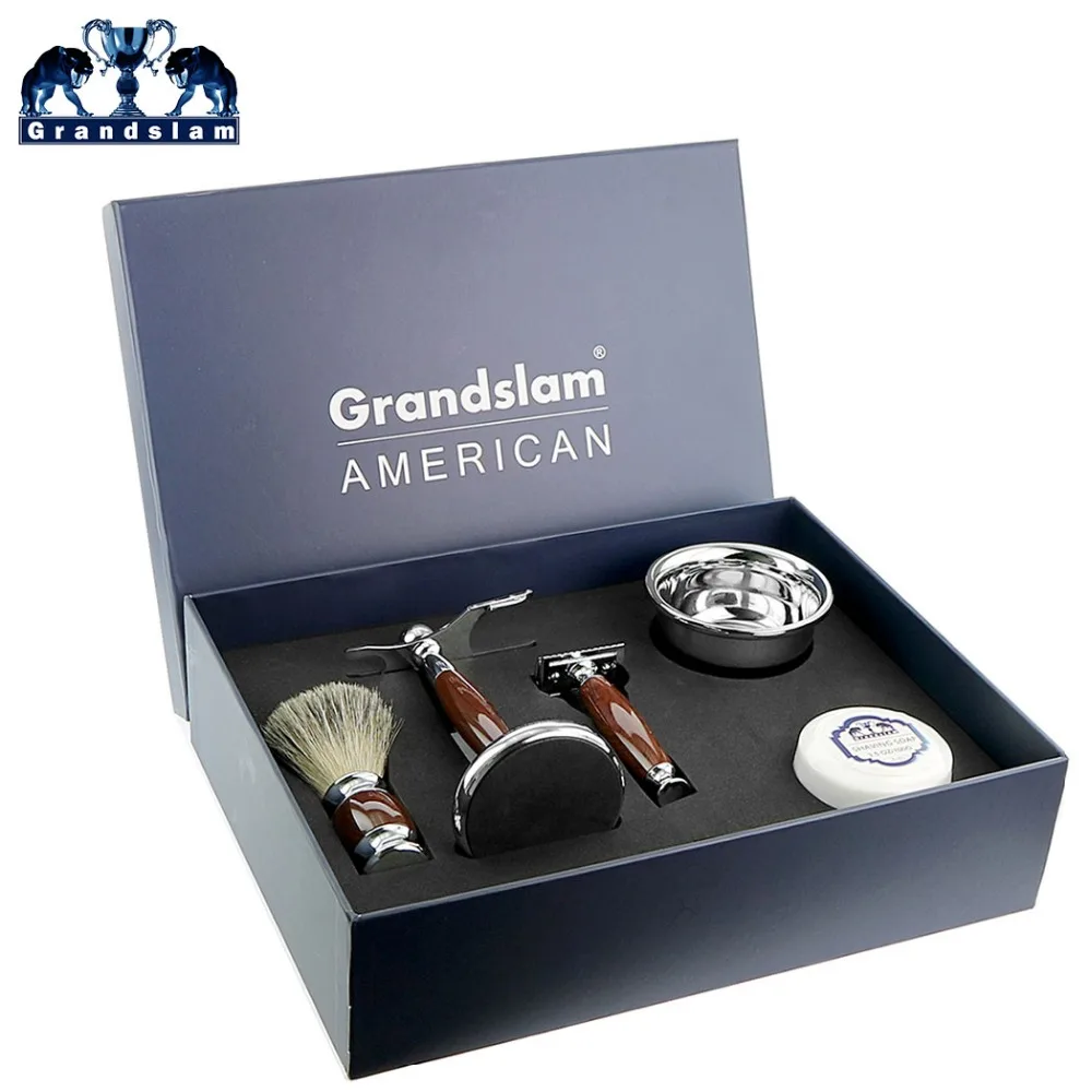 

Grandslam Luxury Men Double Edge Safety Razor Shaving Gift Set Badger Hair Shave Beard Brush Stand Holder Soap Bowl Mug